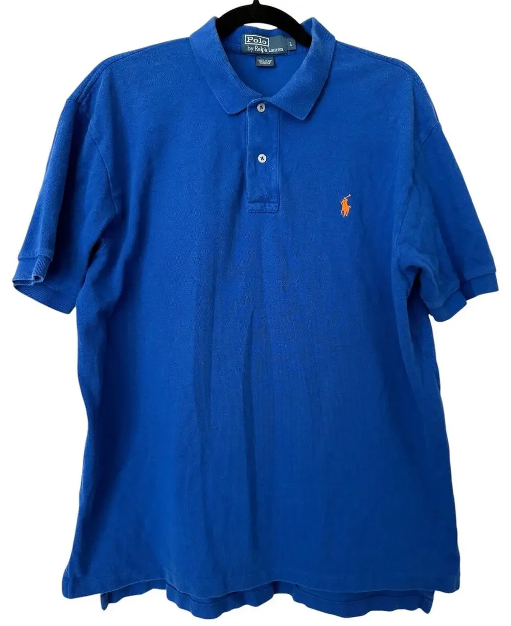 Ralph Lauren Blue Short Sleeve Polo Orange Pony Large Preppy Golf Casual Minimal